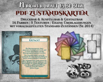 Può includere: Un set di carte di stato PDF stampabili per giochi di ruolo da tavolo. Le carte presentano una varietà di colori e trame, e possono essere personalizzate con sovrapposizioni. Le carte sono progettate per l'uso con la 5a edizione di Dungeons & Dragons.