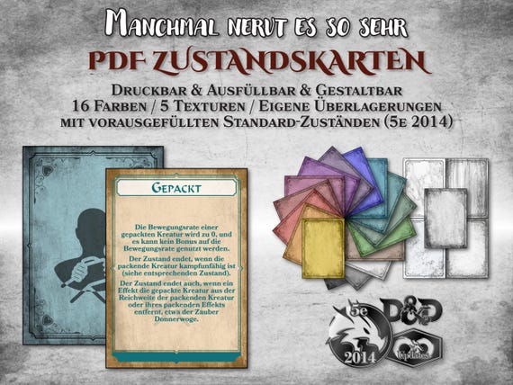 DnD Zustand Karten PDF ausfüllbar Standard Zustände anpassbar druckbar Zubehör Dungeon Master Geschenk Dungeons and Dragons D&D 5e