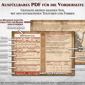 K&ouml;nnte beinhalten: Eine druckbare PDF-Vorlage zum Erstellen von Charakterb&ouml;gen f&uuml;r Rollenspiele. Die Vorlage verf&uuml;gt &uuml;ber einen braunen und beigefarbenen Hintergrund mit einem Abschnitt f&uuml;r Charakterinformationen, einschlie&szlig;lich Name, Attribute, F&auml;higkeiten und Fertigkeiten. Die Vorlage enth&auml;lt auch einen Abschnitt f&uuml;r die Wasserzeichen, Aktionen und F&auml;higkeiten einer Kreatur.