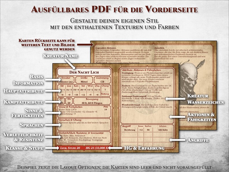 K&ouml;nnte beinhalten: Eine druckbare PDF-Vorlage zum Erstellen von Charakterb&ouml;gen f&uuml;r Rollenspiele. Die Vorlage verf&uuml;gt &uuml;ber einen braunen und beigefarbenen Hintergrund mit einem Abschnitt f&uuml;r Charakterinformationen, einschlie&szlig;lich Name, Attribute, F&auml;higkeiten und Fertigkeiten. Die Vorlage enth&auml;lt auch einen Abschnitt f&uuml;r die Wasserzeichen, Aktionen und F&auml;higkeiten einer Kreatur.