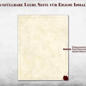 Puede incluir: Un documento estilo pergamino con un borde decorativo y un sello de cera. El texto en la parte superior dice "AUSF&Uuml;LLBARE LEERE SEITE F&Uuml;R EIGENE INHALTE". Una flecha apunta a las palabras "&Uuml;BERLAGERTES TEXTFELD F&Uuml;R EIGENE INHALTE".