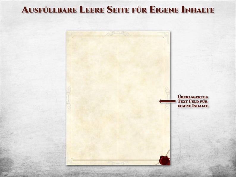 Puede incluir: Un documento estilo pergamino con un borde decorativo y un sello de cera. El texto en la parte superior dice "AUSF&Uuml;LLBARE LEERE SEITE F&Uuml;R EIGENE INHALTE". Una flecha apunta a las palabras "&Uuml;BERLAGERTES TEXTFELD F&Uuml;R EIGENE INHALTE".