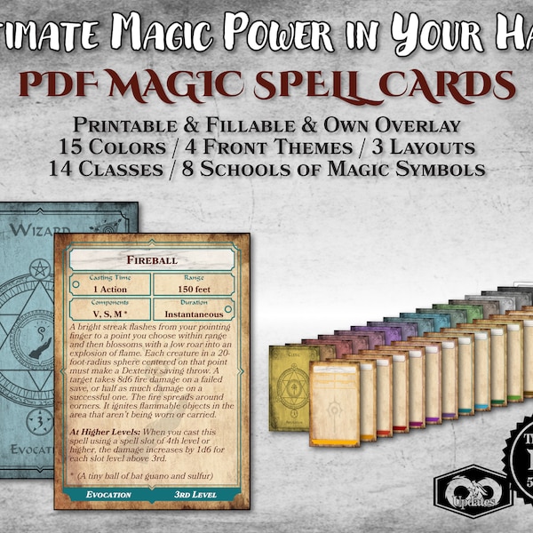 DnD Spell Cards PDF Fillable for Every Class Customizable Printable Accessory Dungeon Master Gift Dungeons and Dragons D&D 5e