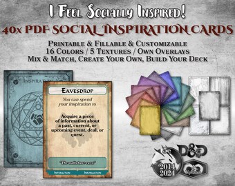 Può includere: Un set di 40 carte di ispirazione sociale PDF stampabili per giochi di ruolo. Le carte sono personalizzabili con 16 colori e 5 trame. L'immagine mostra una carta di esempio con il testo "Eavesdrop" e la frase "The walls have ears."