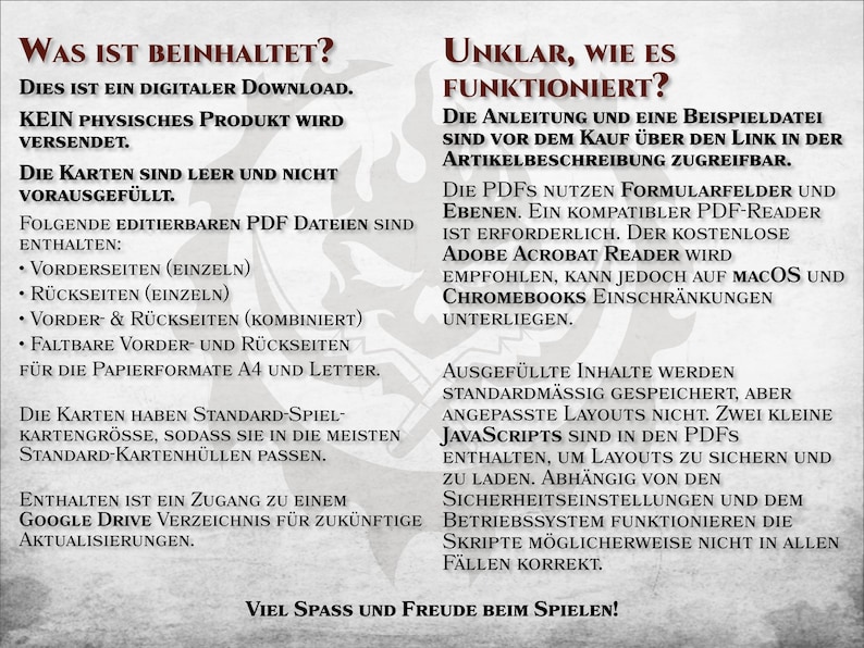 May include: A digital download for a printable board game. The image shows a text description of the game's contents, including editable PDF files for the game's cards, and instructions on how to use the files. The text also mentions that the game is compatible with Adobe Acrobat Reader, but may have limitations on macOS and Chromebooks.