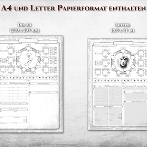 May include: Two printable character sheets for role-playing games, one in letter size (8.5 x 11 inches) and one in A4 size (210 x 297 mm). Both sheets feature a detailed character creation section with spaces for stats, skills, and abilities.