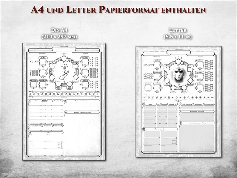 May include: Two printable character sheets for role-playing games, one in letter size (8.5 x 11 inches) and one in A4 size (210 x 297 mm). Both sheets feature a detailed character creation section with spaces for stats, skills, and abilities.