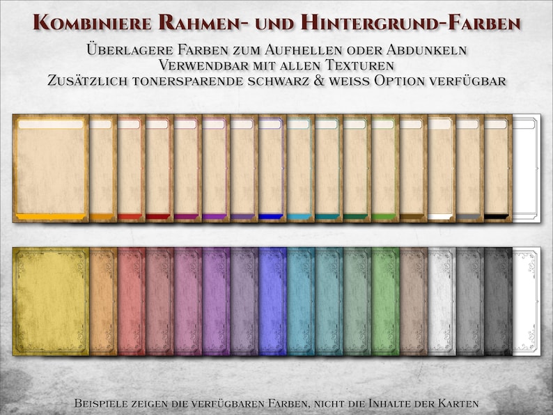 May include: A collection of 20 different colored frames and backgrounds for cards. The frames are all the same shape and size, but they have different colors and textures. The backgrounds are also all the same shape and size, but they have different colors and patterns. The text on the image reads "KOMBINIERE RAHMEN- UND HINTERGRUND-FARBEN" which translates to "Combine Frames and Background Colors".