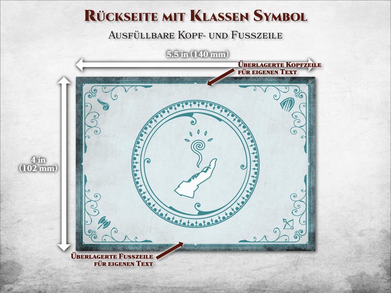 Pu&ograve; includere: Un modello di carta stampabile blu e bianco con un bordo decorativo e una mano con un simbolo a spirale all'interno di un cerchio. La carta misura 140 mm per 102 mm e ha spazio per il testo in alto e in basso.