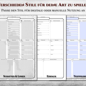 May include: Three different styles of character sheets for role-playing games. The first sheet has a gray background with lines and shading. The second sheet has a white background with lines. The third sheet has a light blue background with text boxes. The text at the bottom of each sheet reads "Schatten & Linien", "Einfach", and "Textfelder".