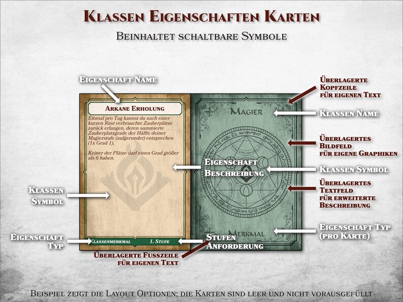 May include: A sample card template for a role-playing game. The card is divided into sections for class symbol, class name, ability description, ability type, ability name, and ability requirements. The card is labeled "Arcane Healing" and "Magier".