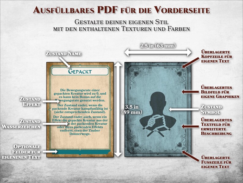 May include: A printable template for a Dungeons and Dragons character card. The card is 2.5 inches by 3.5 inches and features a blue and white background with a decorative border. The card includes fields for the character's name, effect, watermarks, and a symbol. The card also includes space for additional text.