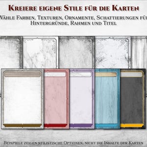 May include: A set of eight card templates with different backgrounds and borders. The templates are blank and ready to be customized with colors, textures, ornaments, and shading. The text on the image reads "KREIERE EIGENE STILE F&Uuml;R DIE KARTEN" and "W&Auml;HLE FARBEN, TEXTUREN, ORNAMENTE, SCHATTIERUNGEN F&Uuml;R HINTERGR&Uuml;NDE, RAHMEN UND TITEL".