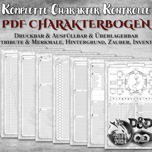 DnD 2024 Charakterbogen PDF ausfüllbar Kenmerk Achterkant Zauber Inventar anpassbar druckbar Zubehör Dungeon Master Gift D&D 5e
