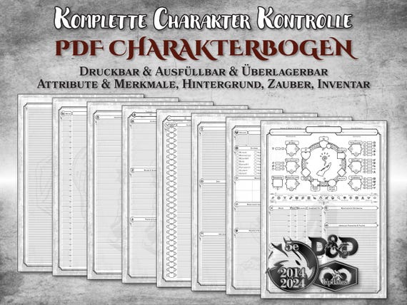 DnD 2024 Charakterbogen PDF ausfüllbar Attribute Hintergrund Zauber Inventar anpassbar druckbar Zubehör Dungeon Master Geschenk D&D 5e