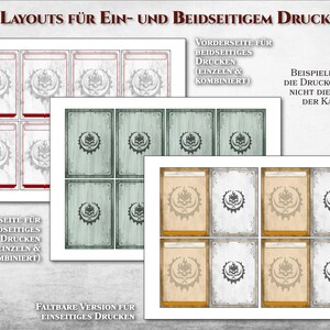 Puede incluir: Una hoja imprimible con dise&ntilde;os para la impresi&oacute;n de tarjetas a una cara y a dos caras. Los dise&ntilde;os incluyen diferentes arreglos de tarjetas, algunas mostrando una vista frontal y posterior. El texto en la hoja est&aacute; en alem&aacute;n.