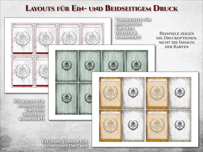 Puede incluir: Una hoja imprimible con dise&ntilde;os para la impresi&oacute;n de tarjetas a una cara y a dos caras. Los dise&ntilde;os incluyen diferentes arreglos de tarjetas, algunas mostrando una vista frontal y posterior. El texto en la hoja est&aacute; en alem&aacute;n.