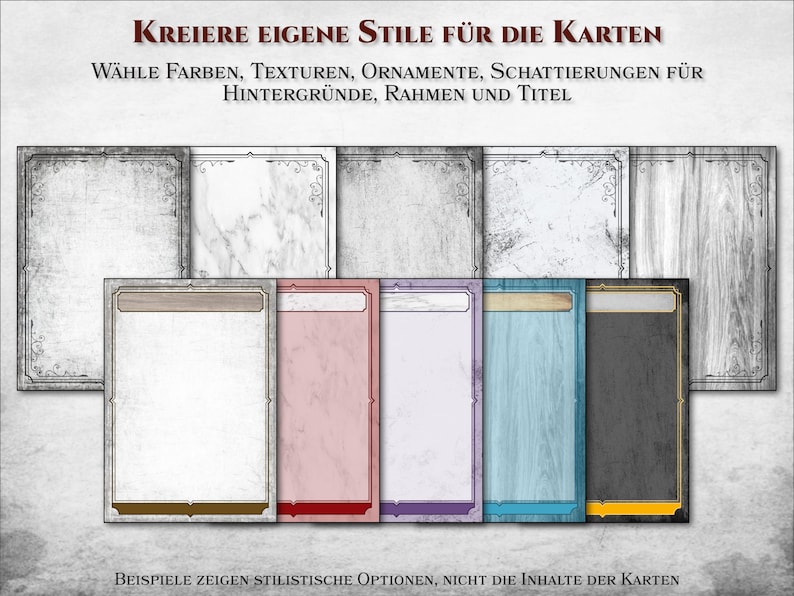 May include: A set of eight card templates with different backgrounds and borders. The templates are blank and ready to be customized with colors, textures, ornaments, and shading. The text on the image reads "KREIERE EIGENE STILE F&Uuml;R DIE KARTEN" and "W&Auml;HLE FARBEN, TEXTUREN, ORNAMENTE, SCHATTIERUNGEN F&Uuml;R HINTERGR&Uuml;NDE, RAHMEN UND TITEL".