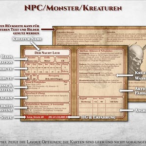 May include: A printable character sheet for a role-playing game. The sheet is divided into sections for basic information, attributes, skills, and abilities. The sheet is designed for a creature called "The Night Lich".