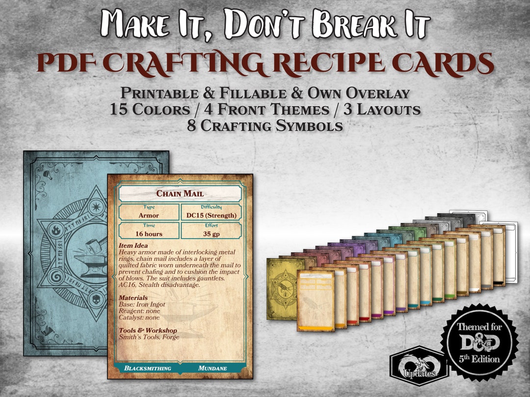 Dnd Crafting Recipe Cards PDF Fillable Customizable Printable Accessory ...