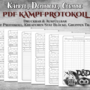 DnD Kampf Protokoll PDF ausfüllbar Gruppen Tracker, Kreaturen Stat Blöcke anpassbar druckbar Zubehör Dungeon Master Geschenk D&D 5e