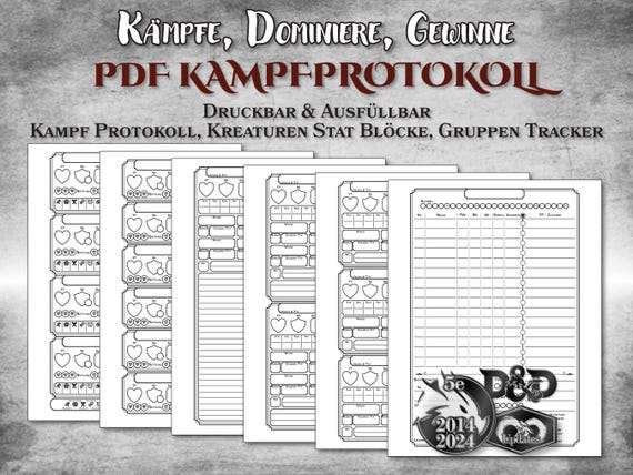 DnD Kampf Protokoll PDF ausfüllbar Gruppen Tracker, Kreaturen Stat Blöcke anpassbar druckbar Zubehör Dungeon Master Geschenk D&D 5e