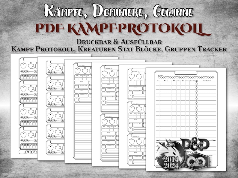 K&ouml;nnte beinhalten: Druckbare Dungeons and Dragons Kampfprotokollbl&auml;tter. Die Bl&auml;tter beinhalten einen Kampfprotokoll, Kreaturen-Stat-Bl&ouml;cke und einen Gruppen-Tracker. Die Bl&auml;tter sind schwarzwei&szlig; und haben ein Dungeons and Dragons Logo.