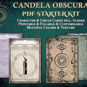 Kit de inicio de Candela Obscura PDF Tarjetas Hoja de personaje Hoja de círculo Guía del jugador Descripción rápida Accesorio imprimible Regalo para el Game Master