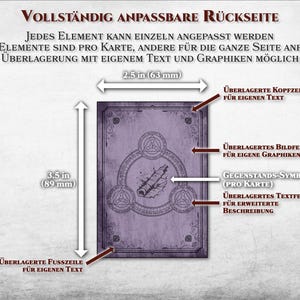 May include: A customizable card back template with a purple background and a circular design. The template includes a header, image, symbol, and text fields that can be customized with text and graphics. The card measures 2.5 inches by 3.5 inches.