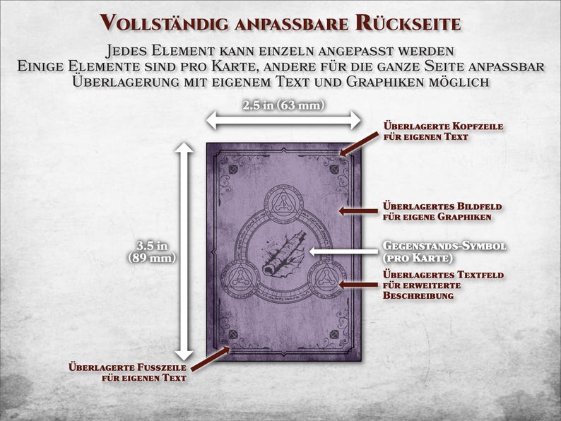 May include: A customizable card back template with a purple background and a circular design. The template includes a header, image, symbol, and text fields that can be customized with text and graphics. The card measures 2.5 inches by 3.5 inches.