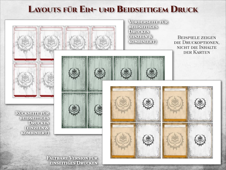 May include: A printable sheet with layouts for single-sided and double-sided printing of cards. The layouts include different arrangements of cards, with some showing a front and back view. The text on the sheet is in German.