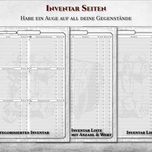 May include: Three printable inventory sheets for role-playing games. The first sheet is for categorized inventory, the second and third sheets are for inventory lists with quantity and value.