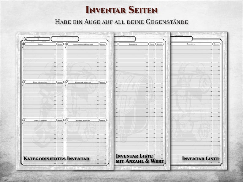 May include: Three printable inventory sheets for role-playing games. The first sheet is for categorized inventory, the second and third sheets are for inventory lists with quantity and value.