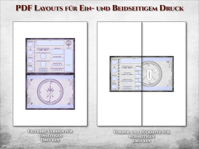 Pu&ograve; includere: Due layout PDF stampabili per le schede dei personaggi. Il primo layout &egrave; una versione pieghevole per la stampa fronte-retro. Il secondo layout &egrave; per la stampa fronte-retro con un lato anteriore e un lato posteriore.