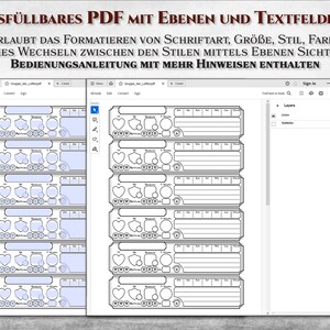 K&ouml;nnte beinhalten: Ein Computerbildschirm zeigt ein PDF-Dokument mit mehreren Abschnitten. Das Dokument tr&auml;gt den Titel "Ausf&uuml;llbares PDF mit Ebenen und Textfeldern" und enth&auml;lt den Text "Erlaubt das Formatieren von Schriftart, Gr&ouml;&szlig;e, Stil, Farbe" und "Einfaches Wechseln zwischen den Stilen mittels Ebenen Sichtbarkeit". Das Dokument ist in einem Programm ge&ouml;ffnet, das Bearbeitung und Ebenen erm&ouml;glicht.