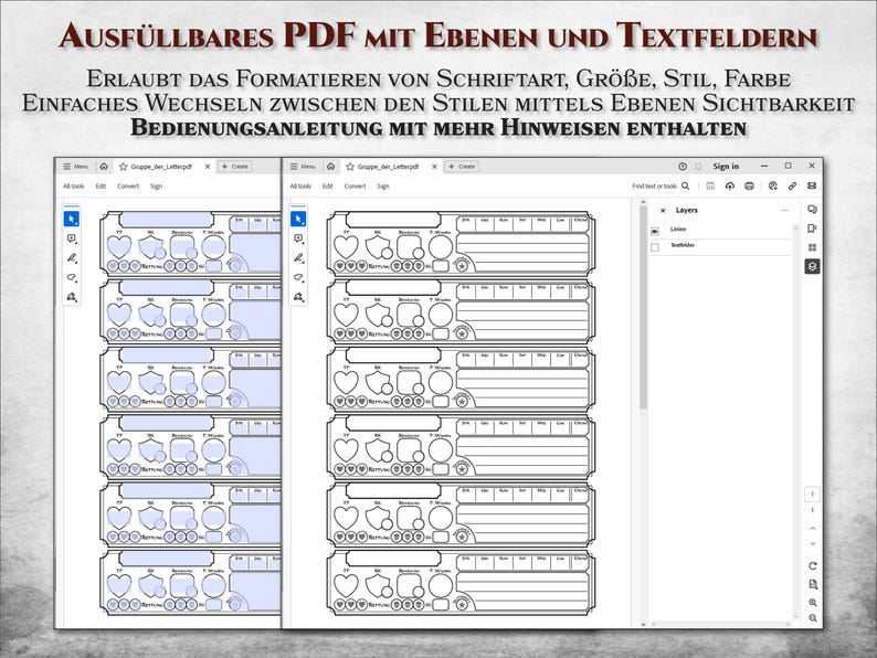 K&ouml;nnte beinhalten: Ein Computerbildschirm zeigt ein PDF-Dokument mit mehreren Abschnitten. Das Dokument tr&auml;gt den Titel "Ausf&uuml;llbares PDF mit Ebenen und Textfeldern" und enth&auml;lt den Text "Erlaubt das Formatieren von Schriftart, Gr&ouml;&szlig;e, Stil, Farbe" und "Einfaches Wechseln zwischen den Stilen mittels Ebenen Sichtbarkeit". Das Dokument ist in einem Programm ge&ouml;ffnet, das Bearbeitung und Ebenen erm&ouml;glicht.