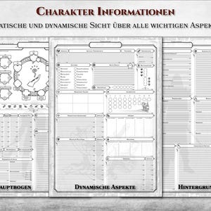 May include: A black and white character sheet for role-playing games. The sheet is divided into three sections: "Hauptbogen", "Dynamische Aspekte", and "Hintergrund". Each section has a variety of fields for players to fill in information about their characters.