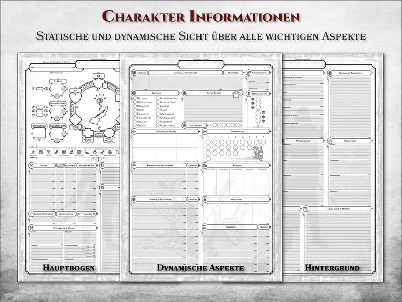 May include: A black and white character sheet for role-playing games. The sheet is divided into three sections: "Hauptbogen", "Dynamische Aspekte", and "Hintergrund". Each section has a variety of fields for players to fill in information about their characters.