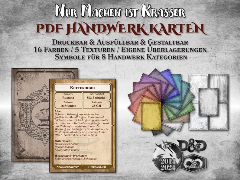 Puede incluir: Un conjunto de cartas de artesan&iacute;a imprimibles en PDF para juegos de rol de mesa. Las cartas presentan una variedad de colores y texturas, e incluyen s&iacute;mbolos para ocho categor&iacute;as de artesan&iacute;a diferentes. La imagen muestra una carta de muestra para una cota de malla, con detalles sobre su tiempo de elaboraci&oacute;n, su coste y sus materiales.