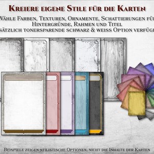 May include: A collection of card templates with different backgrounds, frames, and titles.  The templates are shown in various colors and textures, including wood, paper, and fabric.  The text on the image reads: "KREIERE EIGENE STILE F&Uuml;R DIE KARTEN"  "W&Auml;HLE FARBEN, TEXTUREN, ORNAMENTE, SCHATTIERUNGEN F&Uuml;R HINTERGR&Uuml;NDE, RAHMEN UND TITEL"  "ZUS&Auml;TZLICH TONERSPARENDE SCHWARZ & WEISS OPTION VERF&Uuml;GBAR"  "BEISPIELE ZEIGEN STILISTISCHE OPTIONEN, NICHT DIE INHALTE DER KARTEN"