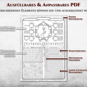 May include: A black and white character sheet for a role-playing game. The sheet has sections for character stats, skills, and abilities. The sheet is designed to be filled out digitally or by hand.