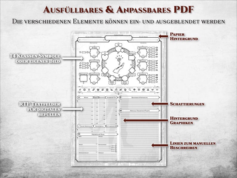 May include: A black and white character sheet for a role-playing game. The sheet has sections for character stats, skills, and abilities. The sheet is designed to be filled out digitally or by hand.