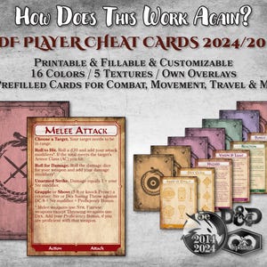 Tarjetas de trucos para jugadores de DnD 2024 2014 PDF Guía rellenable Accesorio personalizable e imprimible Regalo de Dungeon Master Dungeons and Dragons D&D 5e