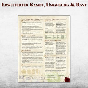 Puede incluir: Una hoja de referencia de juego detallada con el t&iacute;tulo "ERWEITERTER KAMPF, UMGEBUNG & RAST" en color granate. La hoja presenta columnas de texto y diagramas, con secciones sobre combate, entorno y descanso. El fondo es de color blanco roto texturizado.