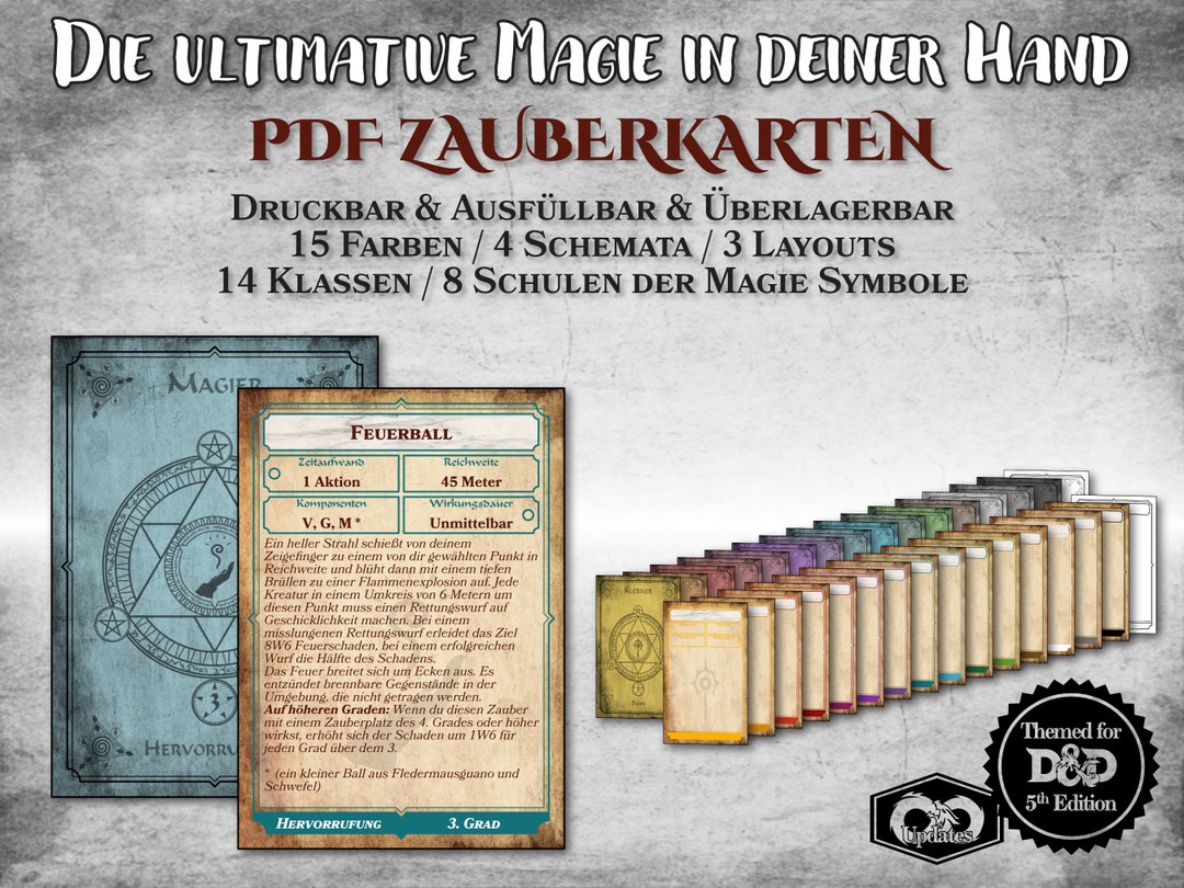 DnD Zauberkarten PDF ausfüllbar English alle Klassen anpassbar druckbar
