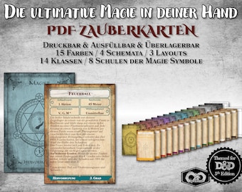 DnD Zauberkarten PDF ausfüllbar alle Klassen anpassbar druckbar Zubehör Dungeon Master Geschenk Dungeons and Dragons D&D 5e