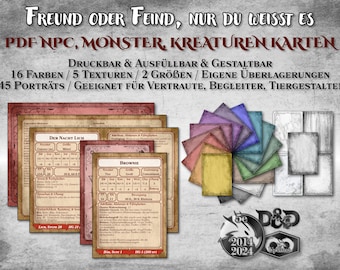 May include: Printable PDF character cards for tabletop role-playing games. The cards feature a variety of fantasy creatures, including a night lich and a brownie. The cards are customizable with 16 colors, 5 textures, 2 sizes, and overlays. The set includes 45 portraits and is suitable for creating companions, allies, and animal forms.
