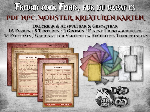 DnD NPC Karten Monster Kreaturen Begleiter PDF ausfüllbar anpassbar Zubehör Dungeon Master Geschenk Dungeons and Dragons D&D 5e