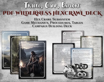 Può includere: Un set di carte PDF stampabili per un gioco di ruolo di Dungeons and Dragons. Le carte mostrano immagini di una catena montuosa, una scout nel bosco e una persona che allestiva un accampamento. Le carte sono intitolate "Panoramica", "Scout" e "Allestire il campo". Il testo "TRAVEL, CAMP, EXPLORE PDF WILDERNESS HEXCRAWL DECK" è nella parte superiore dell'immagine. Il testo "HEX CRAWL SUBSYSTEM GAME MECHANICS, PROCEDURES, TABLES CAMPAIGN BUILDING DECK" è sotto il titolo.