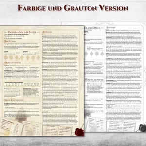 Puede incluir: Doble p&aacute;gina de un manual de juego de rol de mesa. La p&aacute;gina izquierda es en color, la derecha en escala de grises. El texto incluye "Grundlagen des Spiels" y "Farbig und Grauton Version."